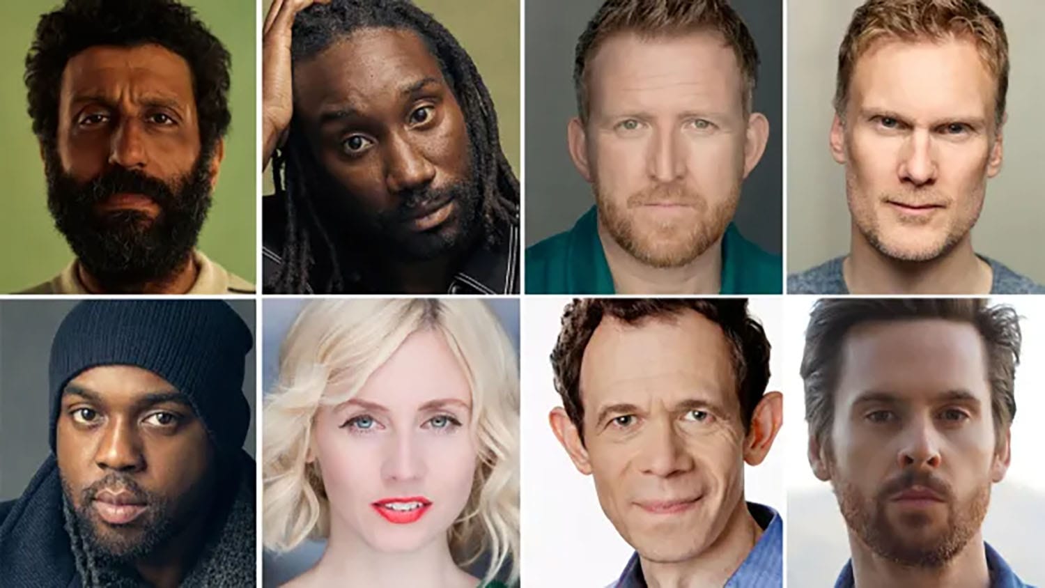 Top Row: Adeel Akhtar, Nathan Stewart-Jarrett, Tom Goodman-Hill, Darren Boyd; Bottom Row: Ken Nwosu, Sinead Matthews, Adam Godley, Tom Riley