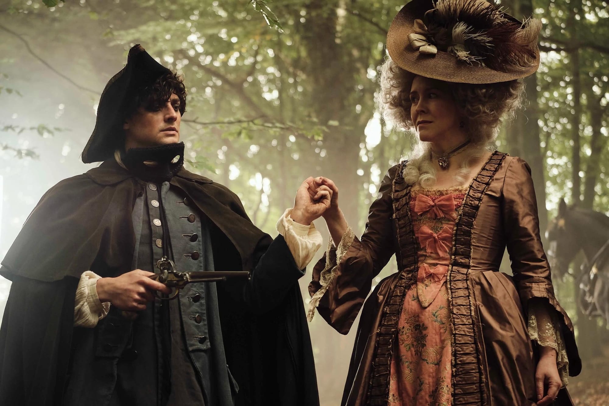 Aneurin Barnard as a highwayman and Alice Lowe as Agnes in the 1600s timeline in 'Timestalker'