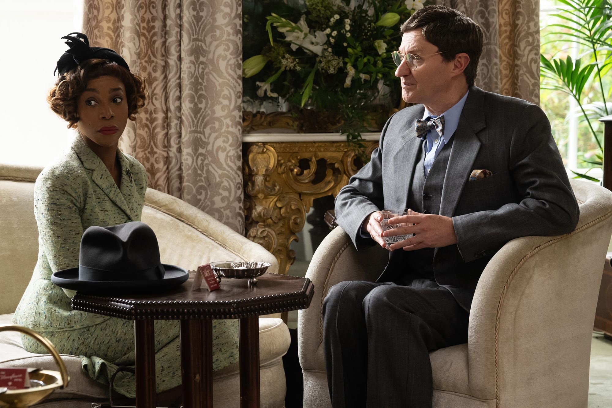 Pippa Bennett-Warner as Madeline Cain and Mark Gatiss as Oscar Berlin in 'Moonflower Murders'