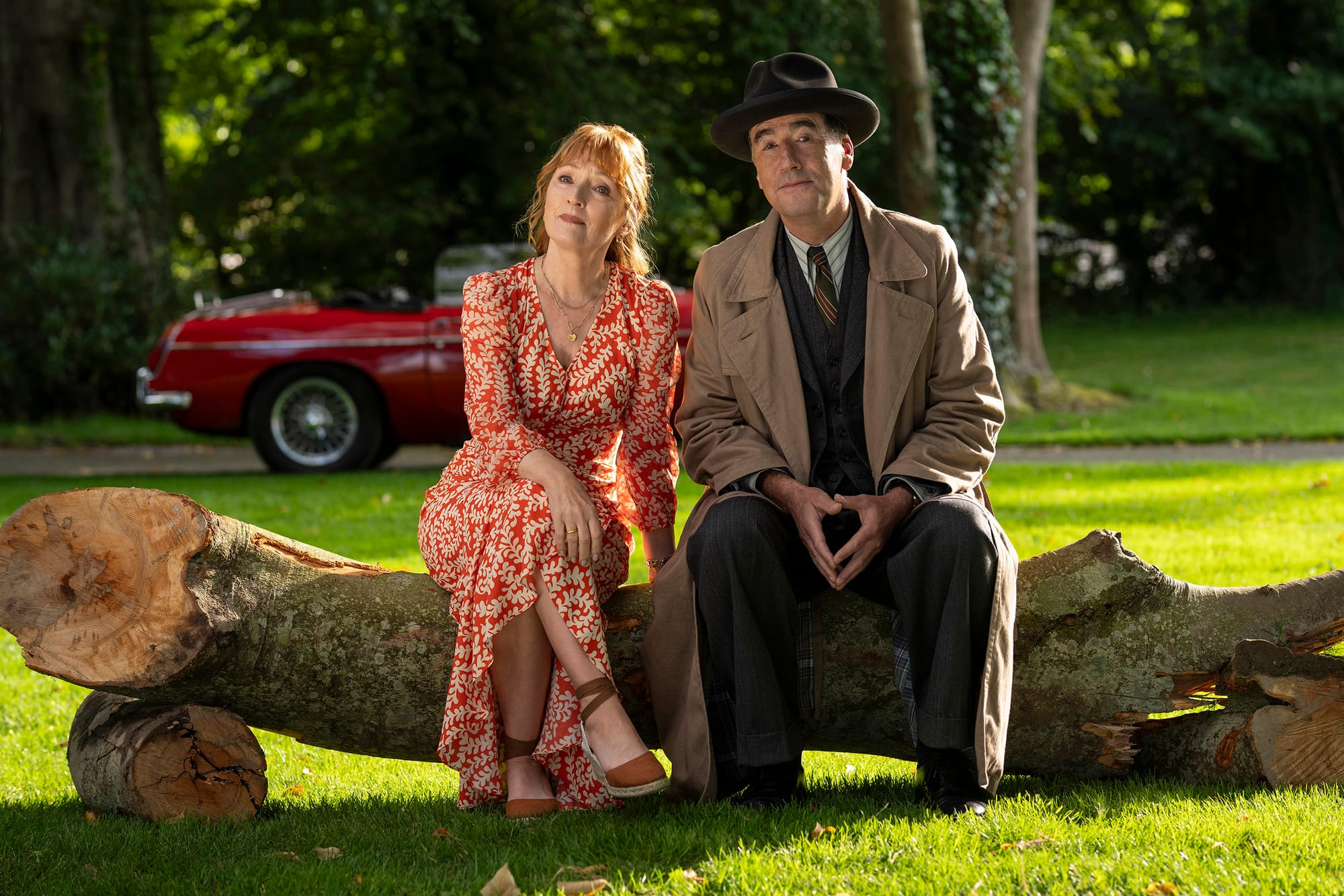 Tim McMullen as Atticus Pund and Lesley Manville as Susan in 'Moonflower Murders'