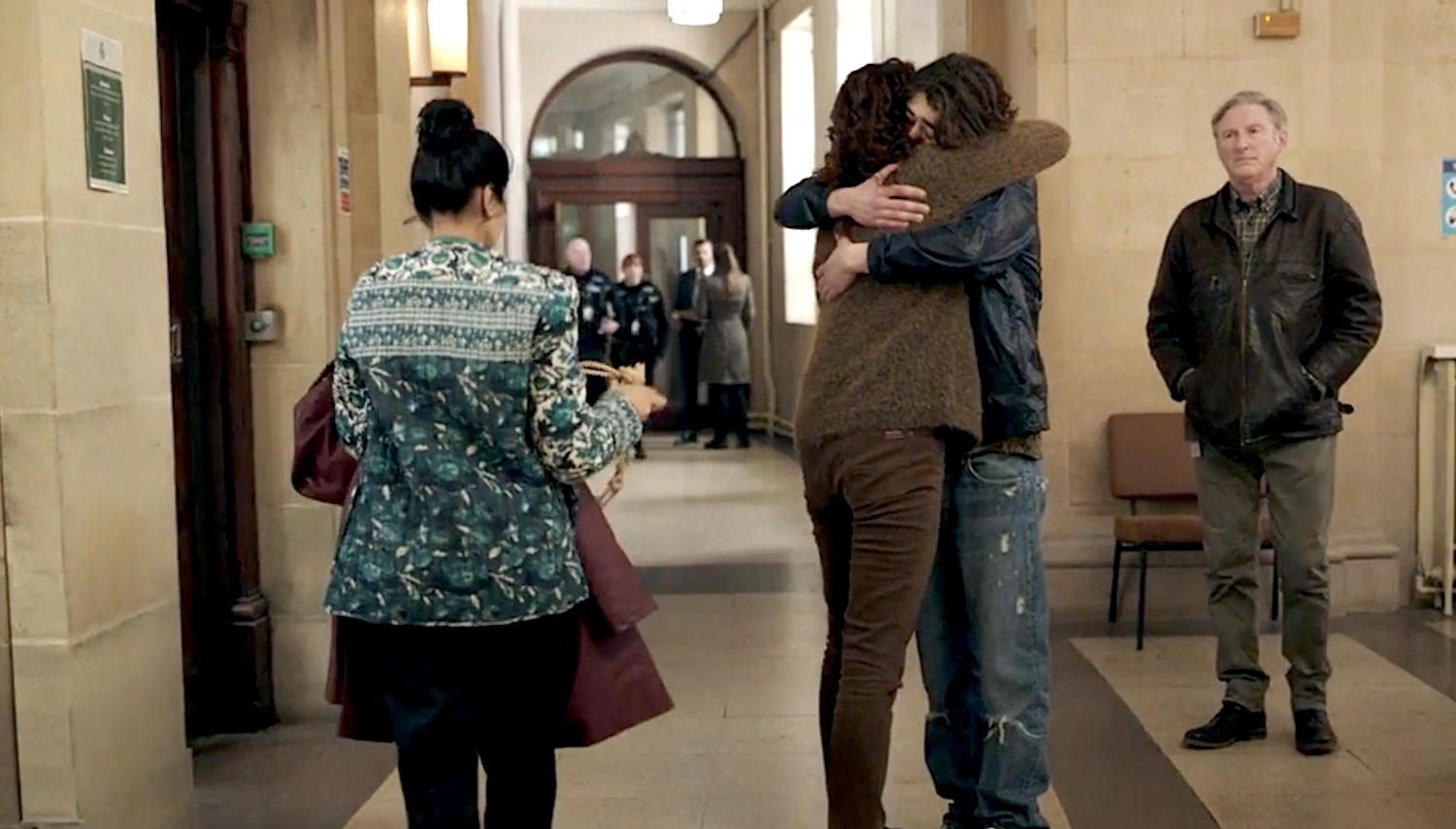 DI Carol Farman (Bronagh Waugh) embraces her son Jack (Tareq Al-Jeddal) while Geri Farman (Bhavna Limbachia) and Alex Ridley (Adrian Dunbar) look on.&nbsp;
