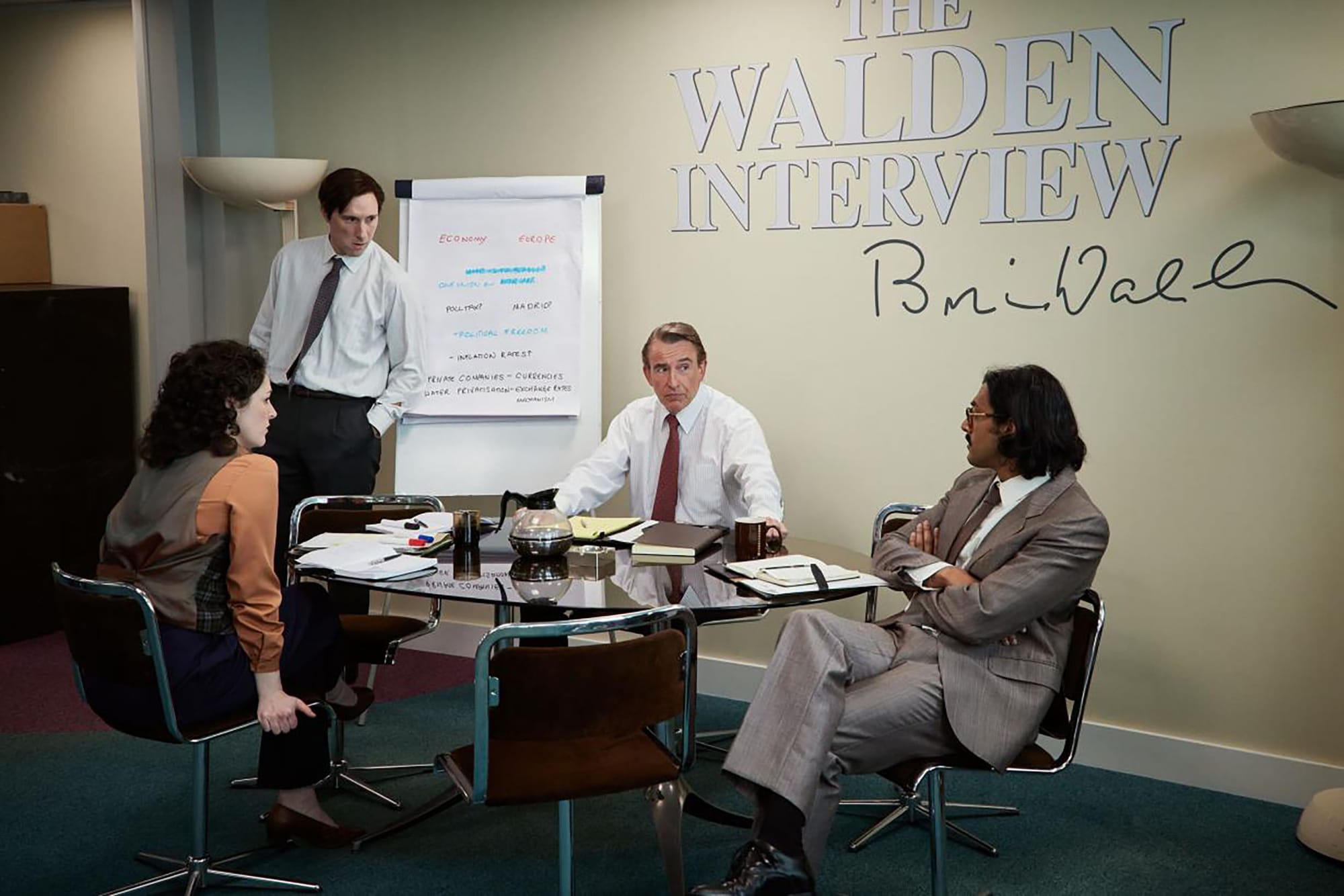 Emma Sidi as Sue Richardson, Ross Armstrong as John Wakefield, Steve Coogan as Brian Walden and Karan Gill as Vinay Ahmed in 'Brian and Margaret'&nbsp;