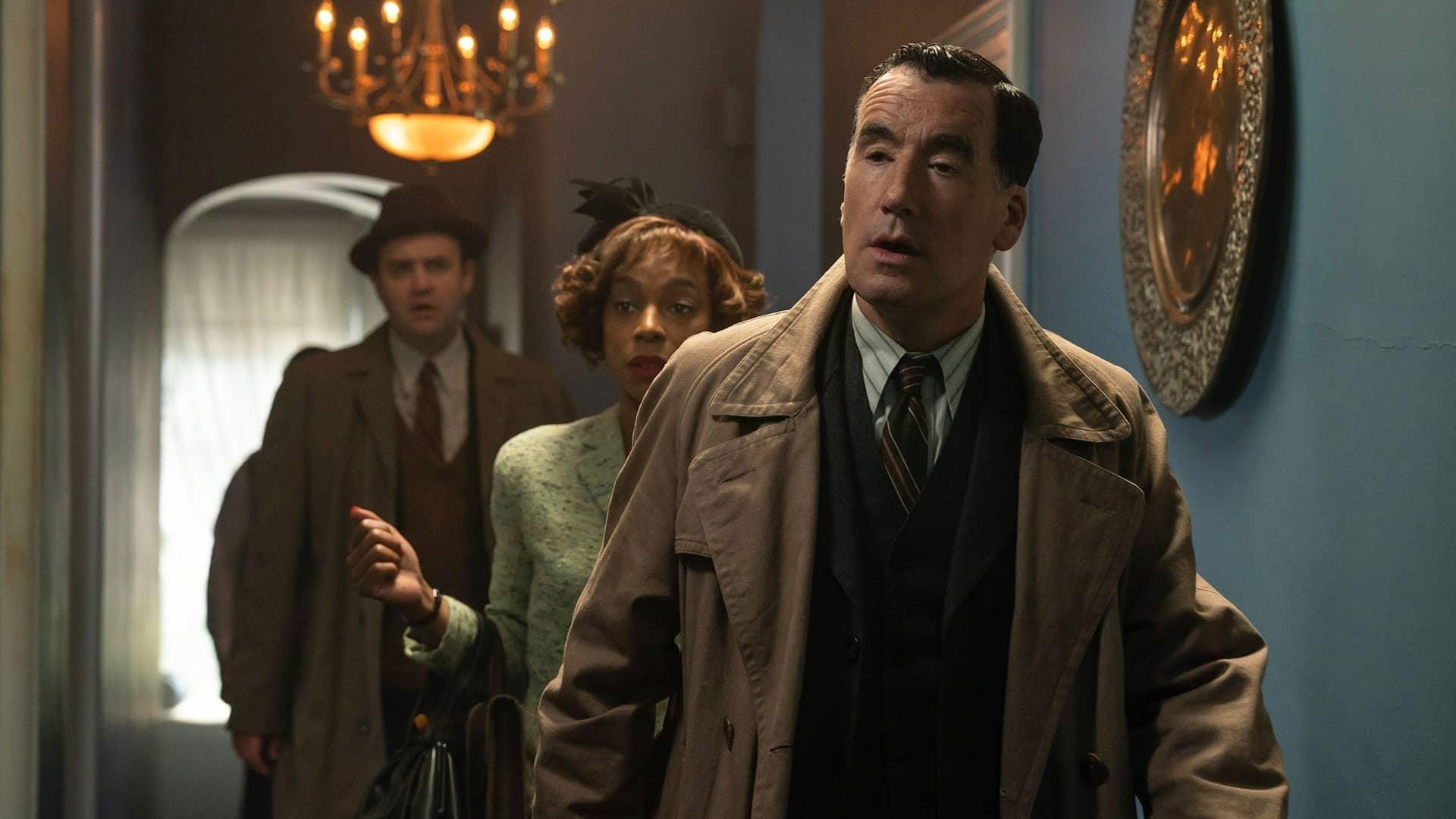 Daniel Mays as Locke/Chubb, Pippa Bennett-Warner as Madeline, and Tim McMullan as Atticus Pünd in 'Moonflower Murders'&nbsp;