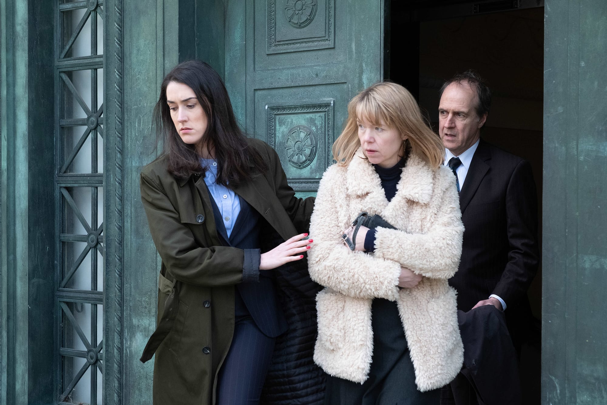 Laura Morgan as DC Christine Webb, Anna Maxwell Martin as Delia Balmer, and Kevin Doyle as David in 'Until I Kill You'