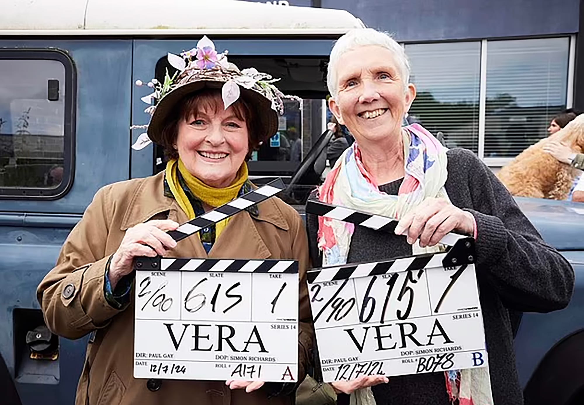 Brenda Blethyn and Ann Cleeves hold the clappers for filming 'Vera' Season 14