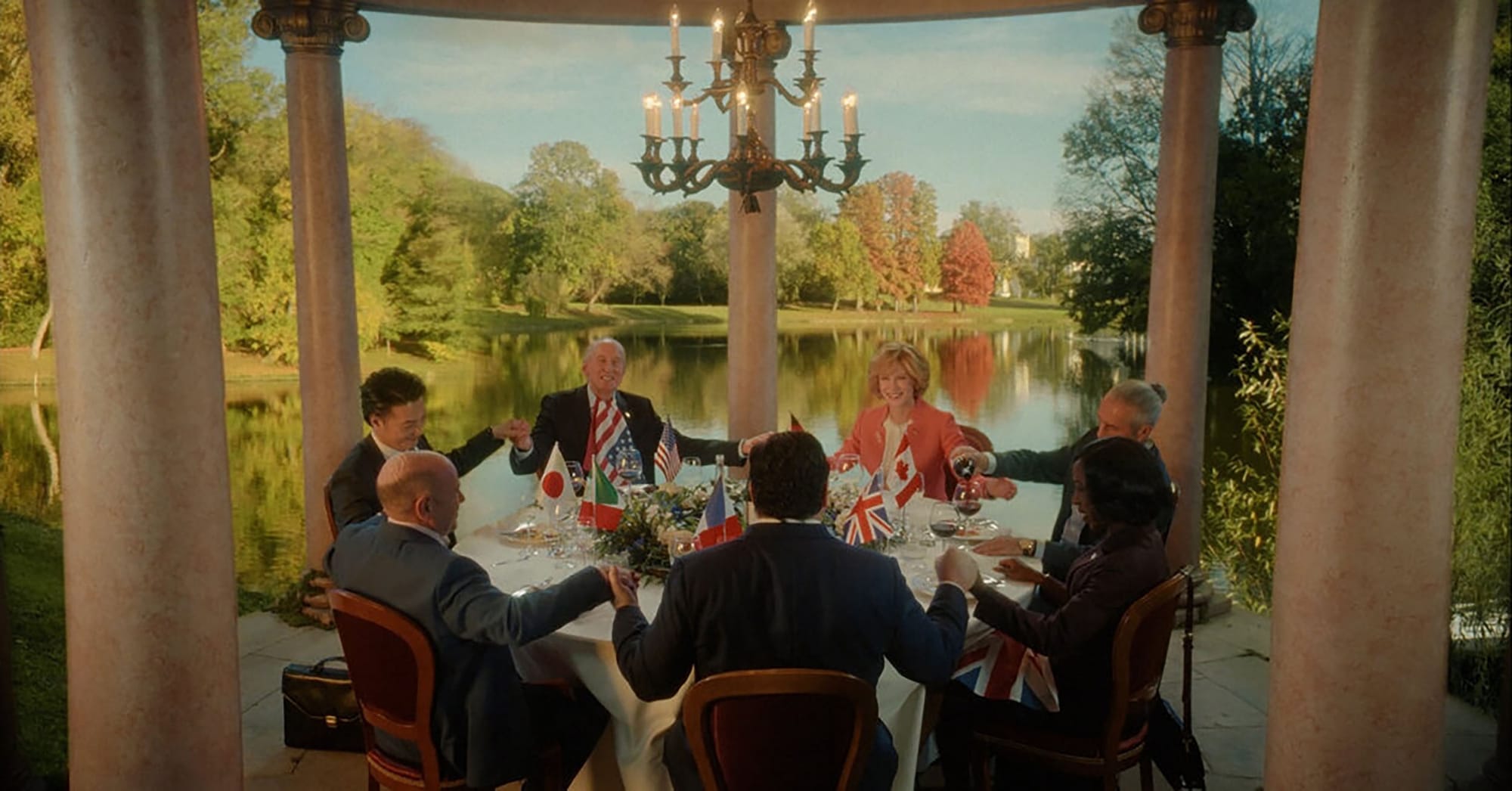 Roy Dupuis as Canadian PM Maxime Laplace, Rolando Ravello as Italian PM Antonio Lamorte, Charles Dance as U.S. President Edison Wolcott, Cate Blanchett as German Chancellor Hilda Ortmann, Denis Ménochet as French President Sylvain Broulez, Nikki Amuka-Bird as U.K. PM Cardosa Dewindt, and Takehiro Hira as Japanese PM Tatsuro Iwasaki in 'Rumours'