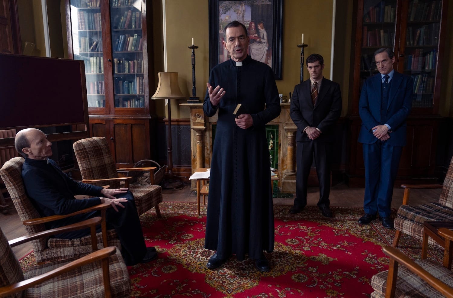 St. Anselm's Warden Fr. Sebastian (Richard Lintern), Fr. Peregrine (Michael Jenn), Adam Dalgliesh (Bertie Carvel) and Alistair Brammer (Daniel Tarrant).