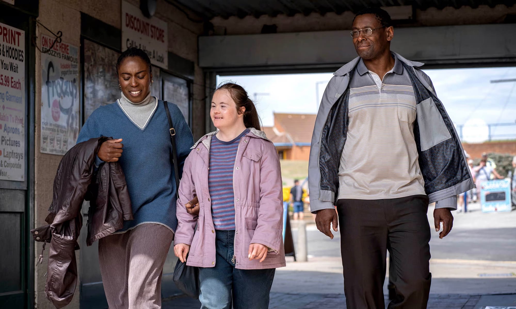 Sharlene Whyte as Pam Bottomley, Bethany Asher as Stephie Bottomley, and David Harewood as Denis Bottomley in 'Sherwood' Season 2