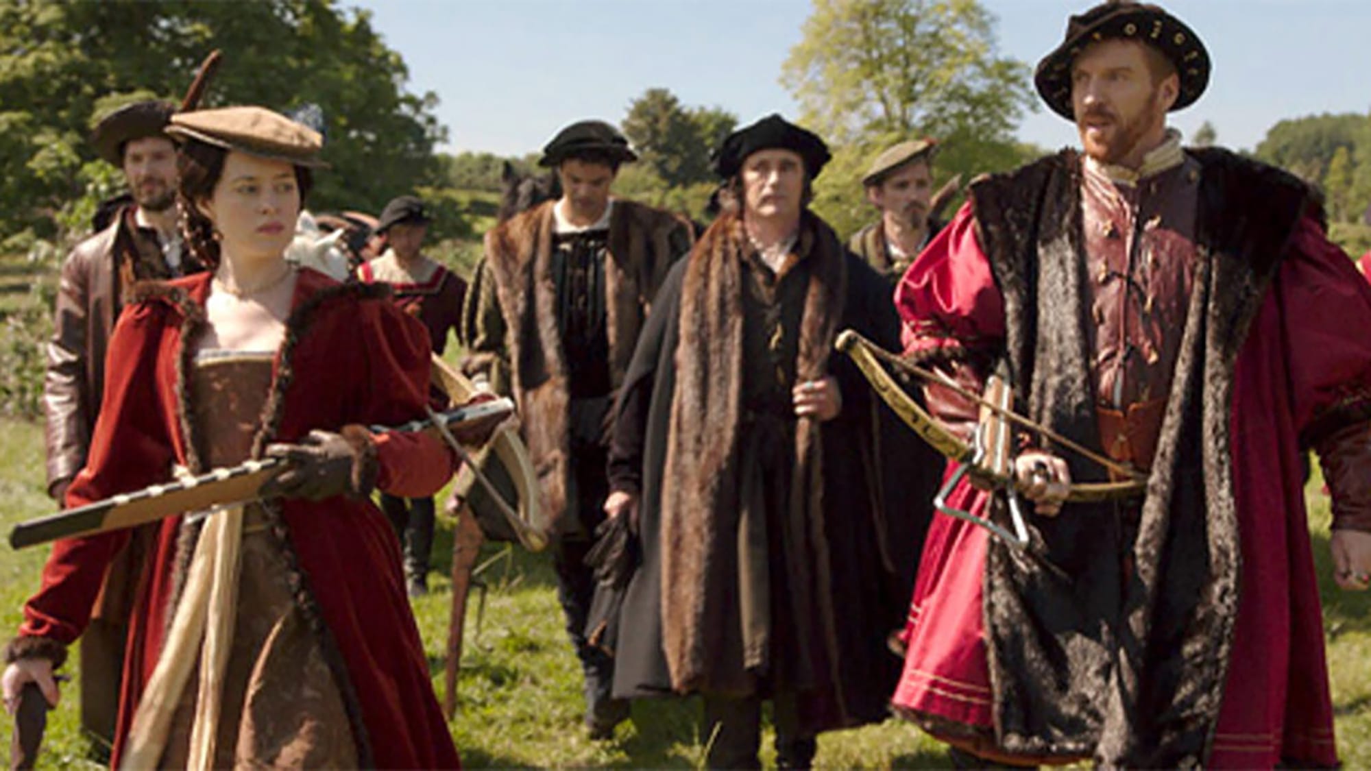 Claire Foy as Anne Boleyn, Mark Rylance as Thomas Cromwell, and Damian Lewis as King Henry VIII in 'Wolf Hall' Season 1