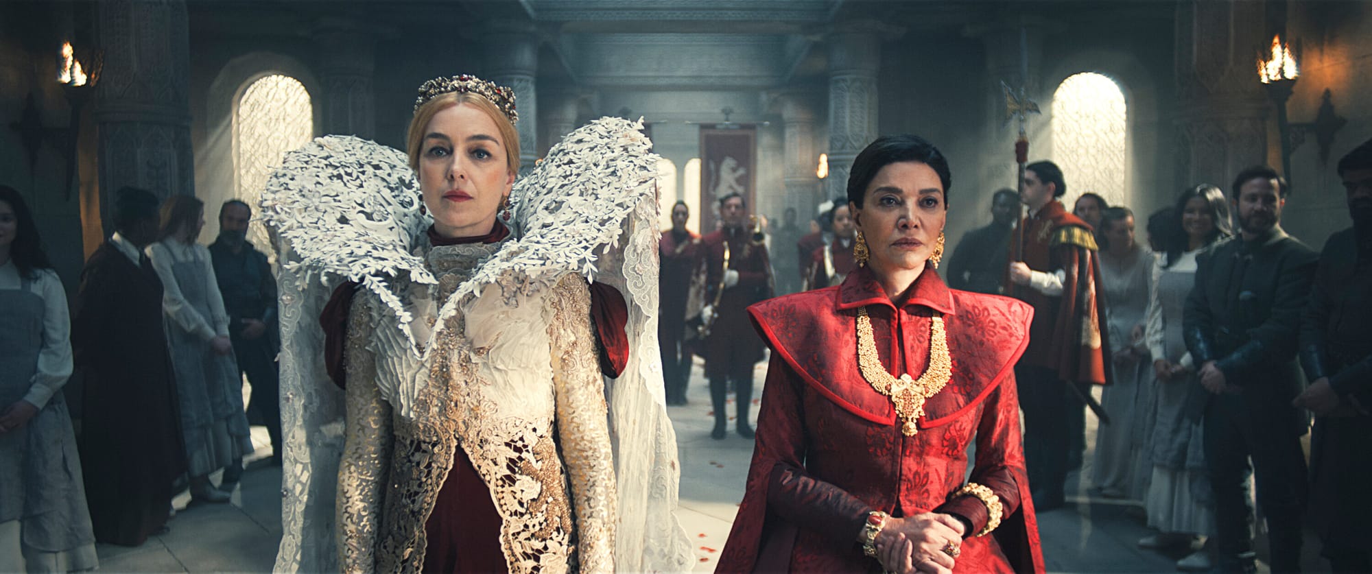 Olivia Williams as Queen Morgase Trakand, and Shohreh Aghdashloo as Elaida do Avriny a’Roihan in 'The Wheel of Time' Season 3