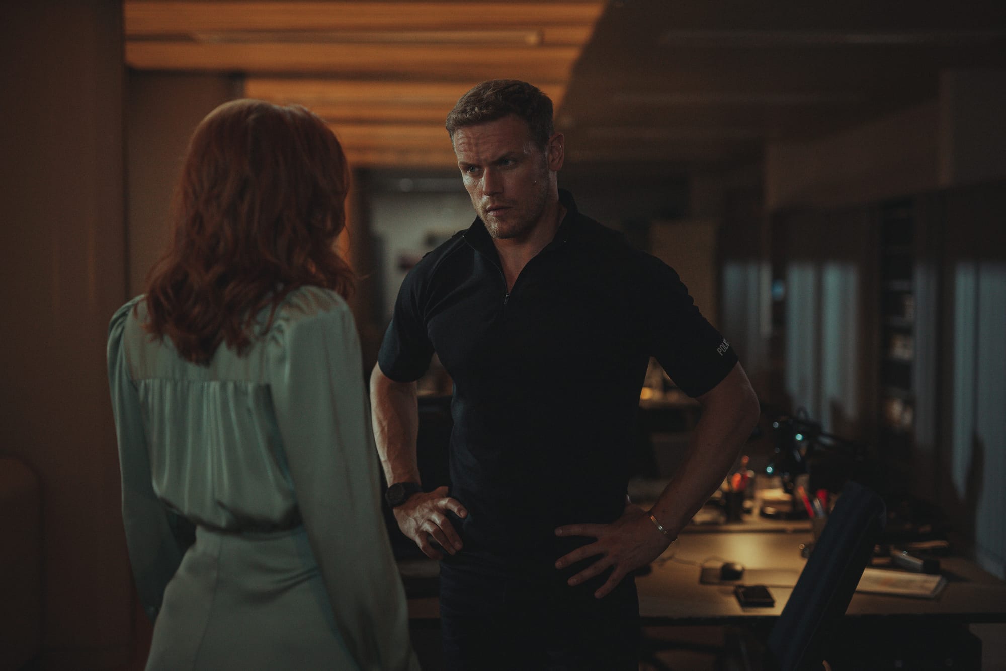 Sam Heughan as Danny and Eleanor Tomlinson as Evie in 'The Couple Next Door' Season 1