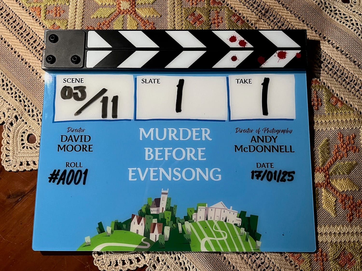Filming slate for the first episode of "Murder Before Evensong"