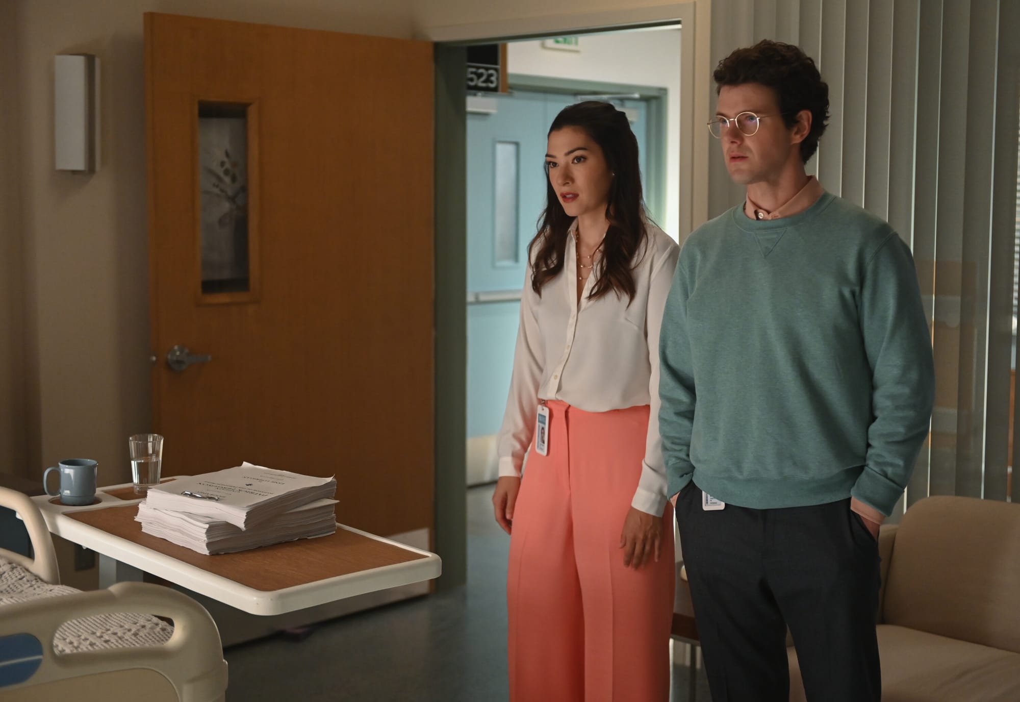 Eve Harlow as Dr. Ingred Derian and Peter Mark Kendall as Stephens in 'Watson' Season 1