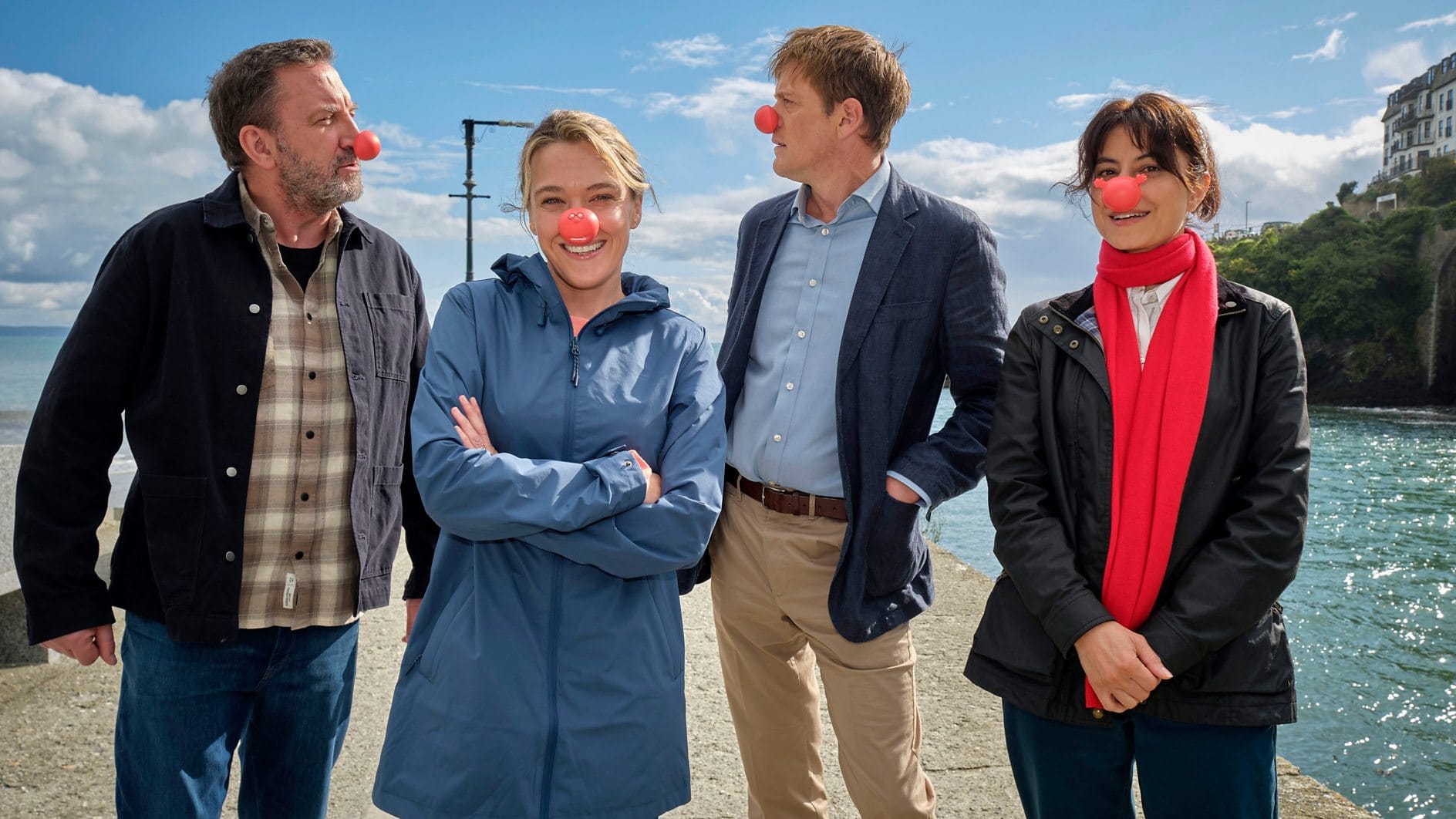 Lee Mack, Sally Bretton, Kris Marshall and Zahra Ahmadi on the set of 'Beyond Paradise' for their Red Nose Day 2025 sketch