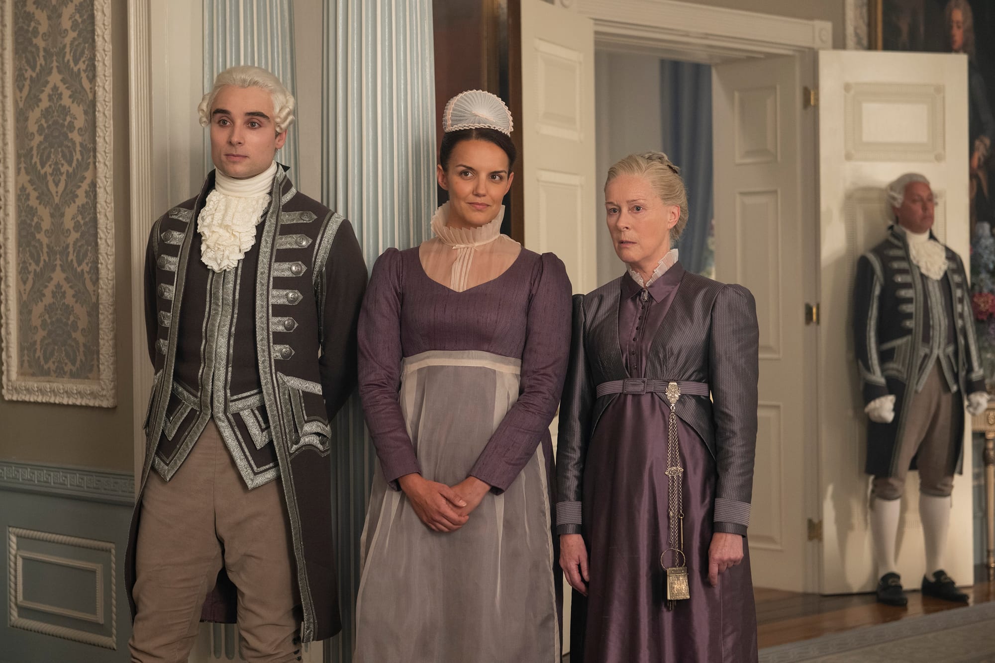 Oli Higginson as Footman John, Sophie Lamont as Celia, Geraldine Alexander as Mrs. Wilson Bridgerton Season 4