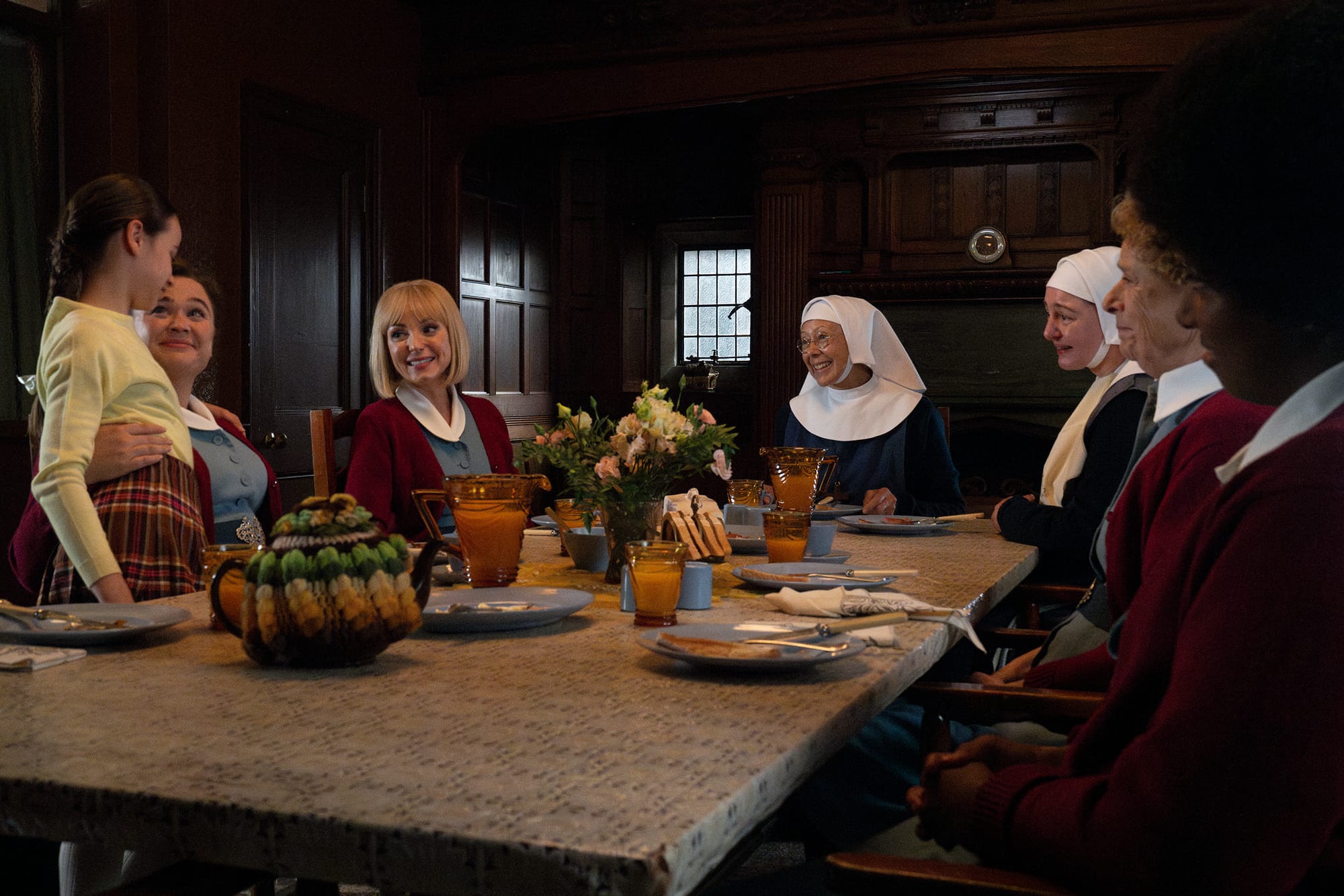 Francesca Fullilove as Colette Corrigan, Megan Cusack as Nancy Corrigan, Helen George as Trixie Aylward, Jenny Agutter as Sister Julienne, Rebecca Gethings as Sister Veronica, Linda Bassett as Nurse Crane, and Renee Bailey as Joyce Highland in Call the Midwife Season 14