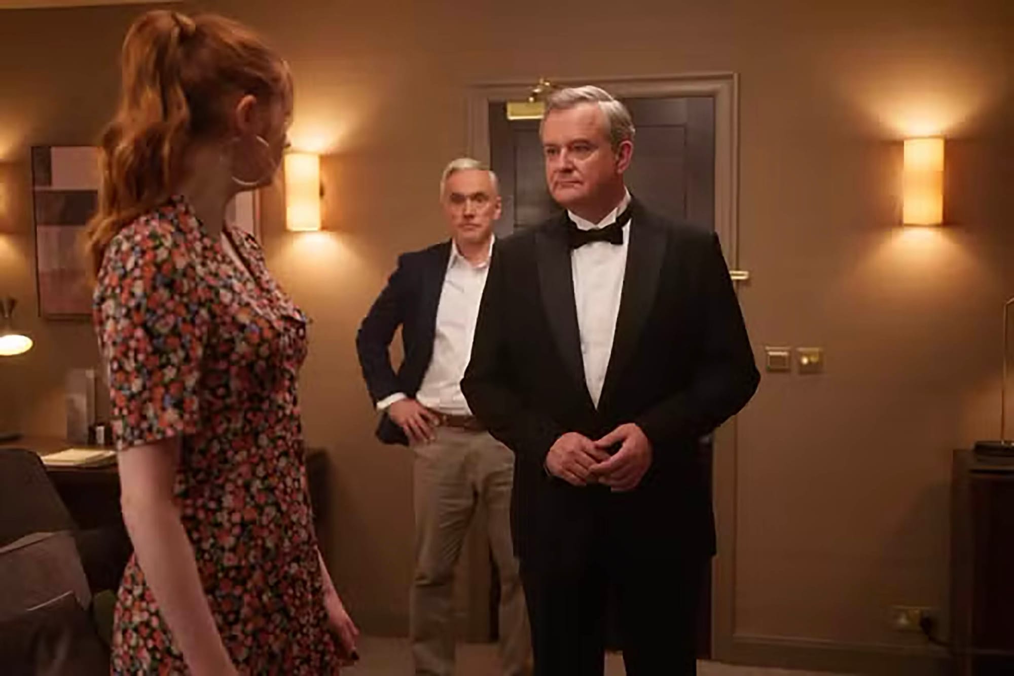 Karen Gillan, Hugh Bonneville, and Ben Miles in 'Douglas Is Cancelled'