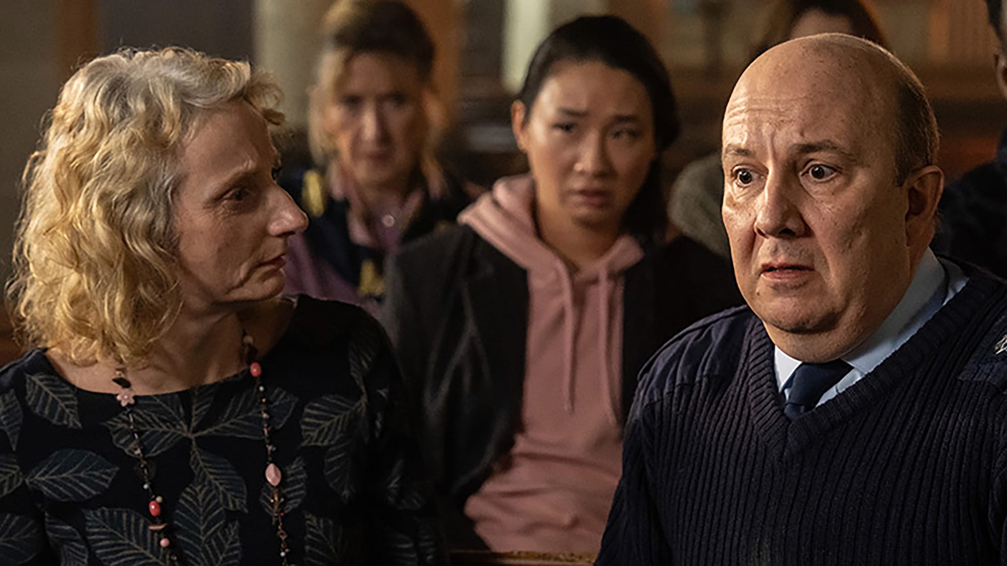 Amanda Lawrence as Julie Tate and Paul Chahidi as Adrian Tate in 'Ludwig' Season 1