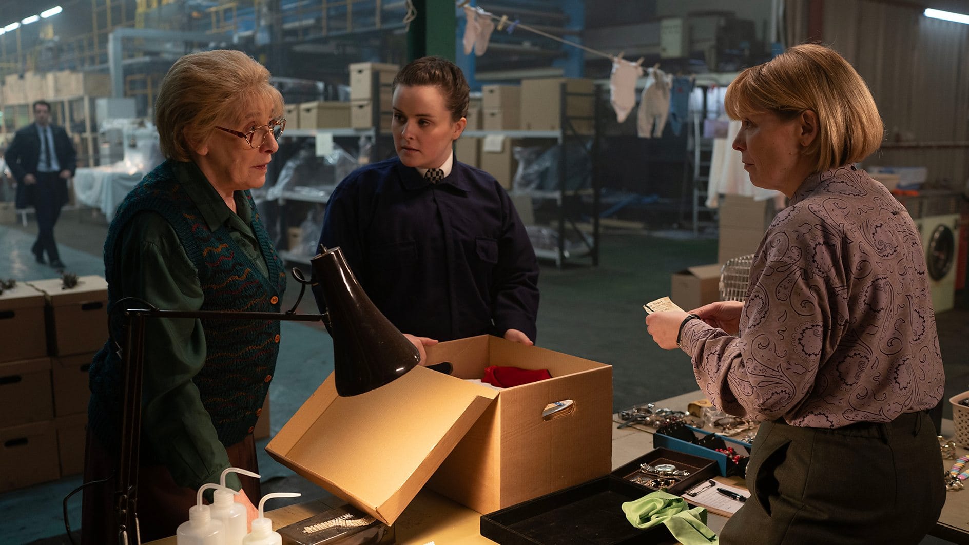 Phyllis Logan as Moira Shearer, Molly Geddes as WP Lauren Aitken, and Cora Bissett as Elma Pringle in 'The Bombing of Pan Am 103'