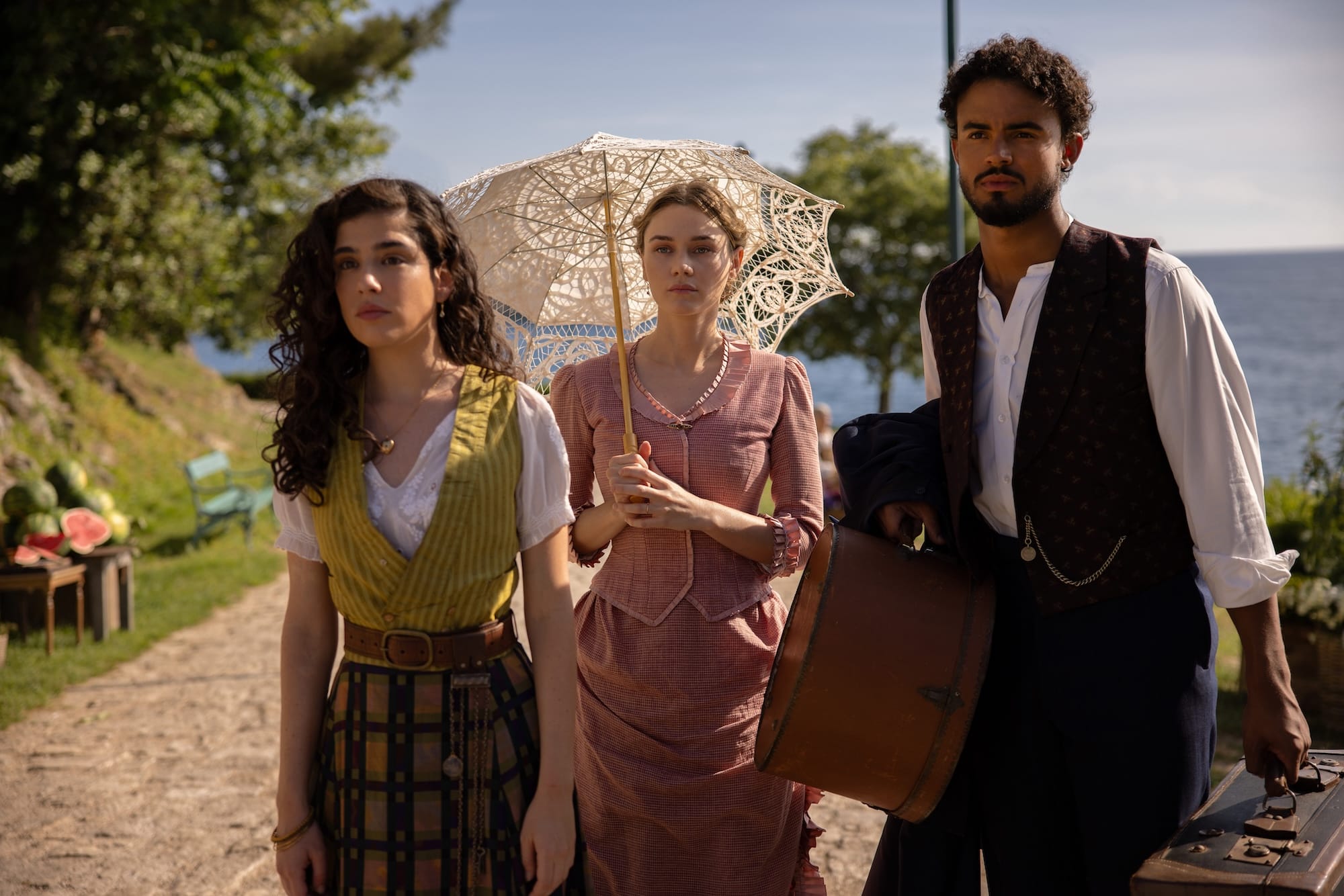  Grace Ambrose, Imogen Waterhouse and Matthew Broome in "The Buccaneers" Season 2
