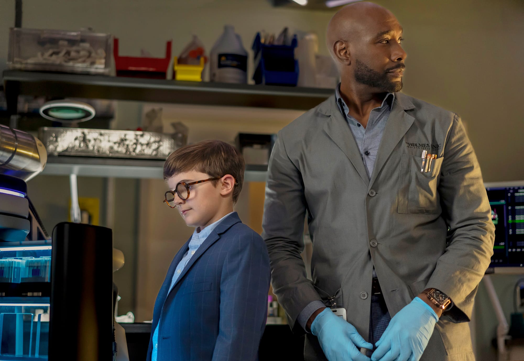 Billingsley-Rodriguez as Angus Adler and Morris Chestnut as Dr. John Watson in 'Watson' Season 1