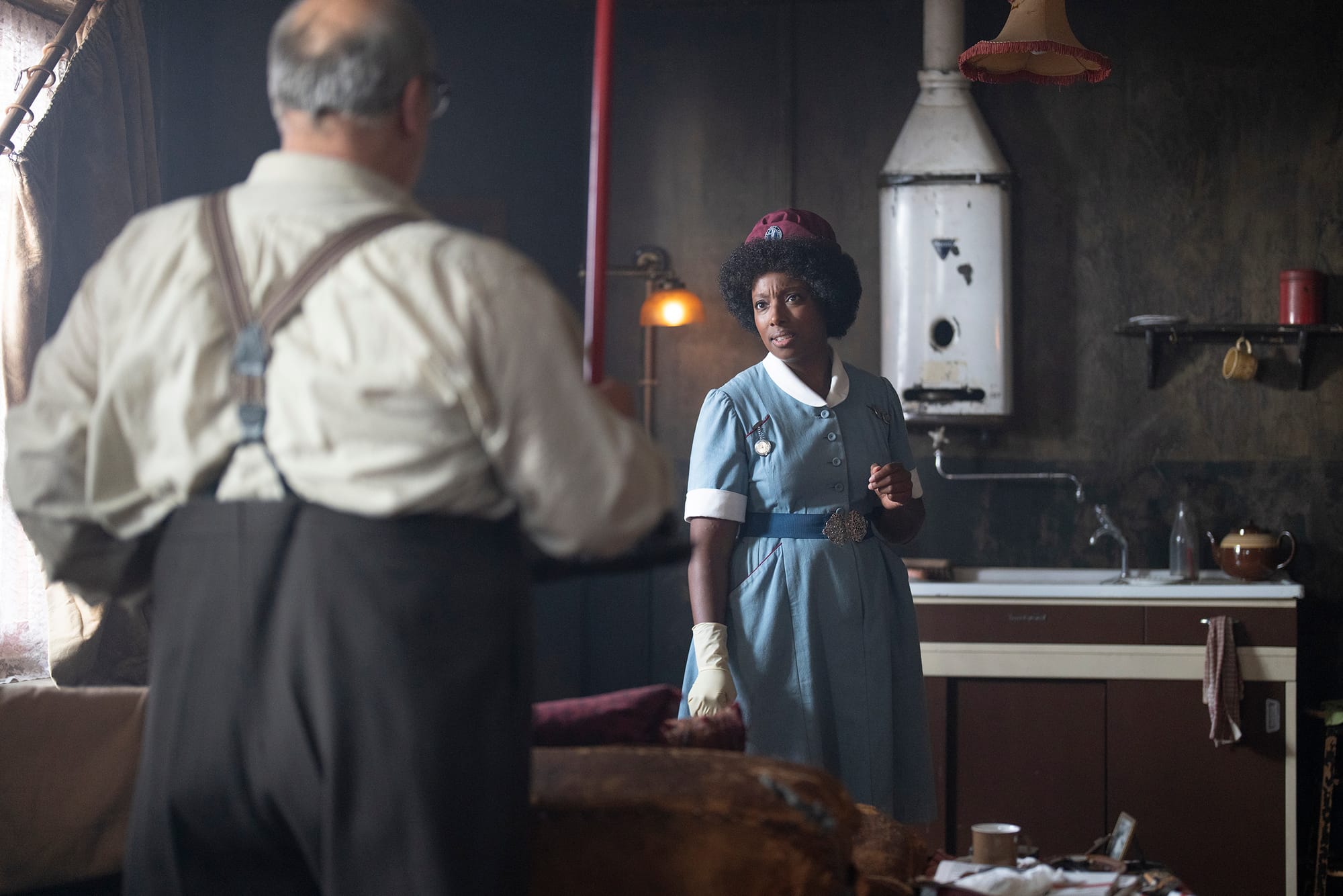 David Troughton as Mr. Cottered and Renee Bailey as Joyce Highland in 'Call the Midwife' Season 14