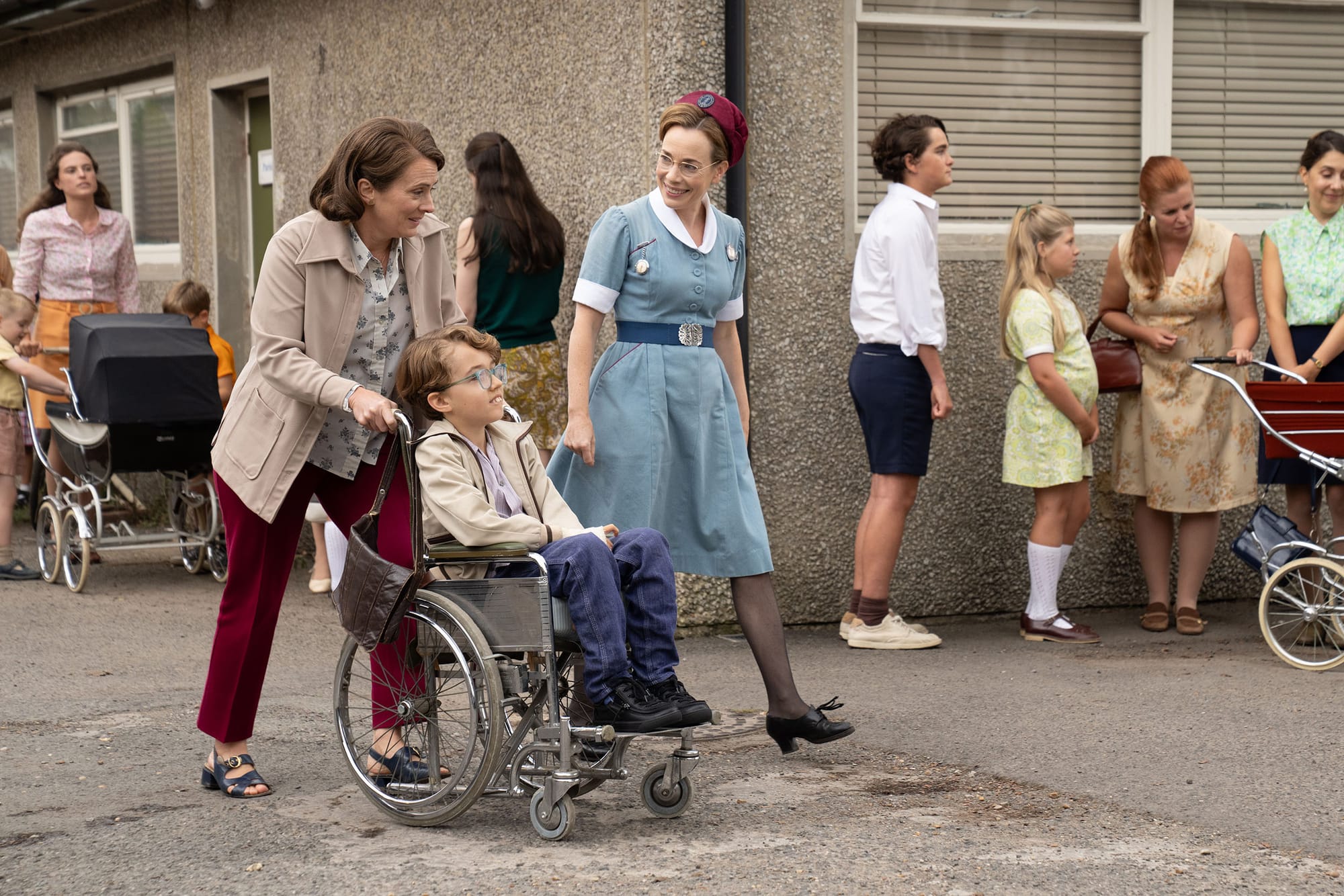 Joanna Horton as Jill Trottwood, Teddy Berriman as Andrew Trottwood, and Laura Main as Shelagh Turner in Call the Midwife Season 14