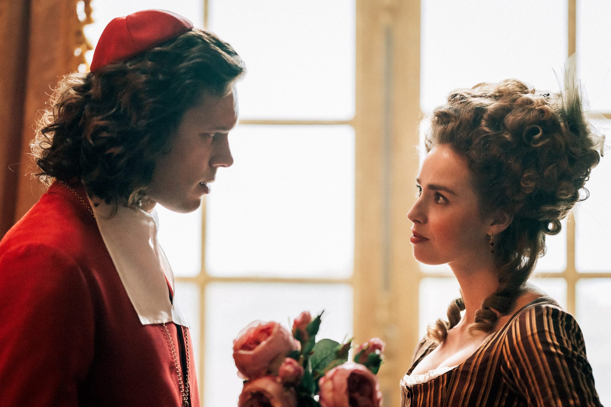 Maximilien Seweryn as Cardinal Rohan and Freya Mavor as Jeanne in 'Marie Antoinette' Season 2