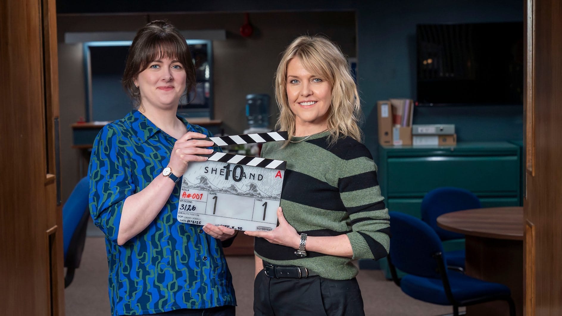 Ashley Jensen as DI Ruth Calder and Alison O’Donnell as DI Alison ‘Tosh’ MacIntosh on the set of 'Shetland' Season 10