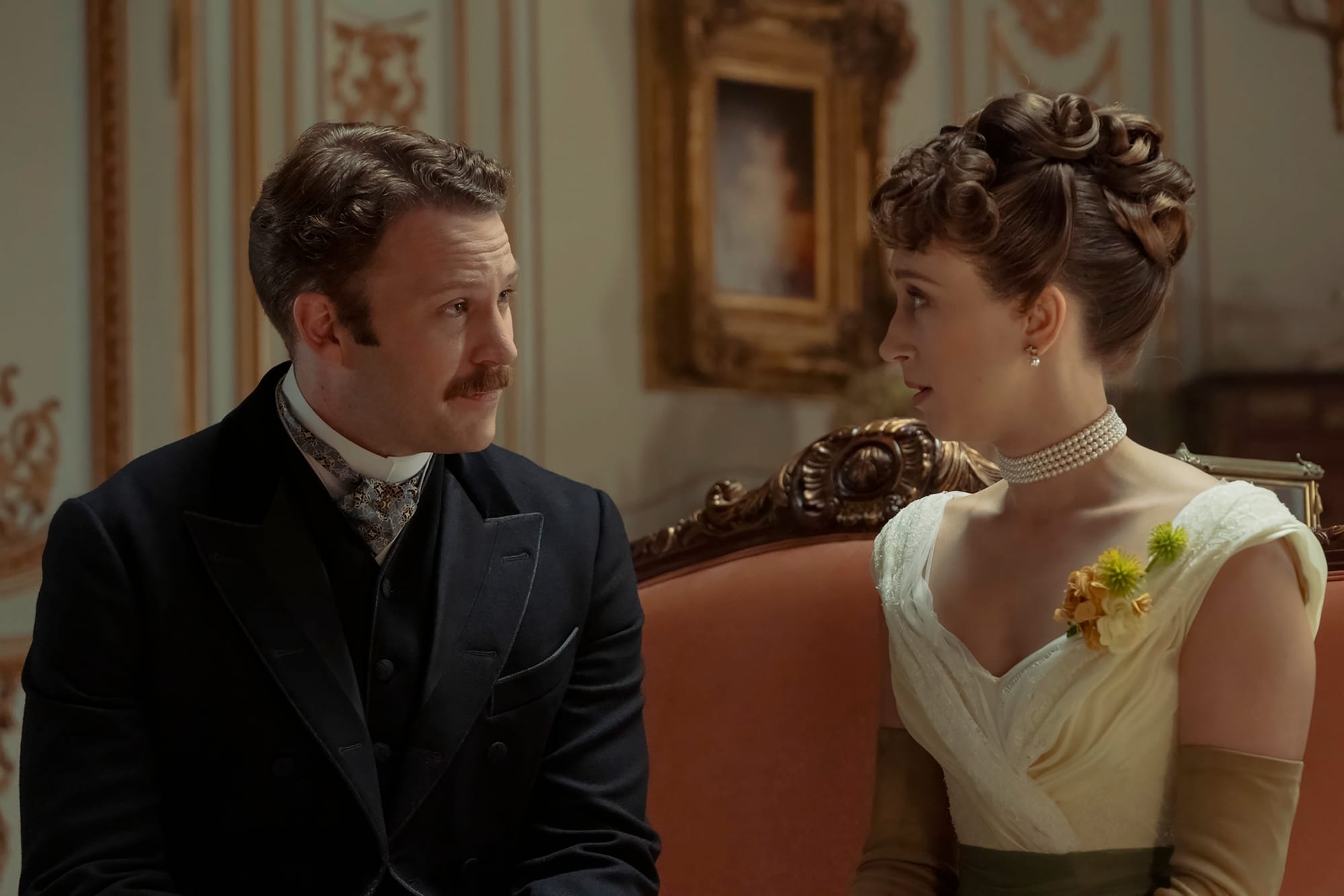 Ben Lamb as the Duke of Buckingham and Taissa Farmiga as Gladys Russell in 'The Gilded Age' Season 3