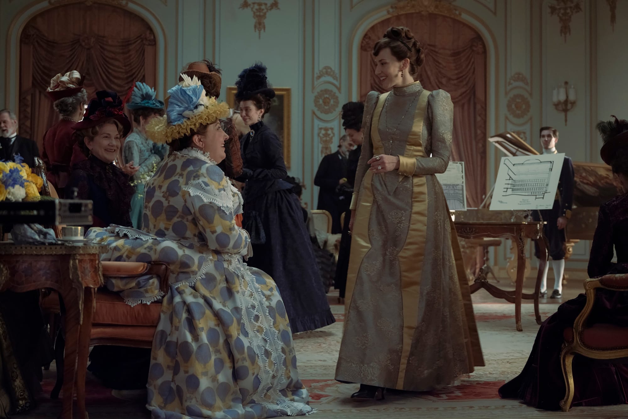 Ashlie Atkinson as Mamie Fish and Carrie Coon as Bertha Russell in 'The Gilded Age' Season 3