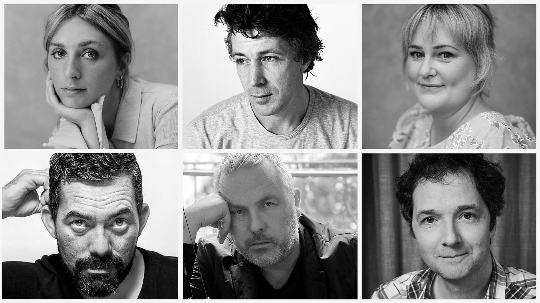 The cast of "Tall Tales &amp; Murder", clockwise from top left: Ella Lily Hyland, Aidan Gillen, Philippa Dunne, Chris Addison, Stuart Carolan, and Packy Lee.&nbsp;