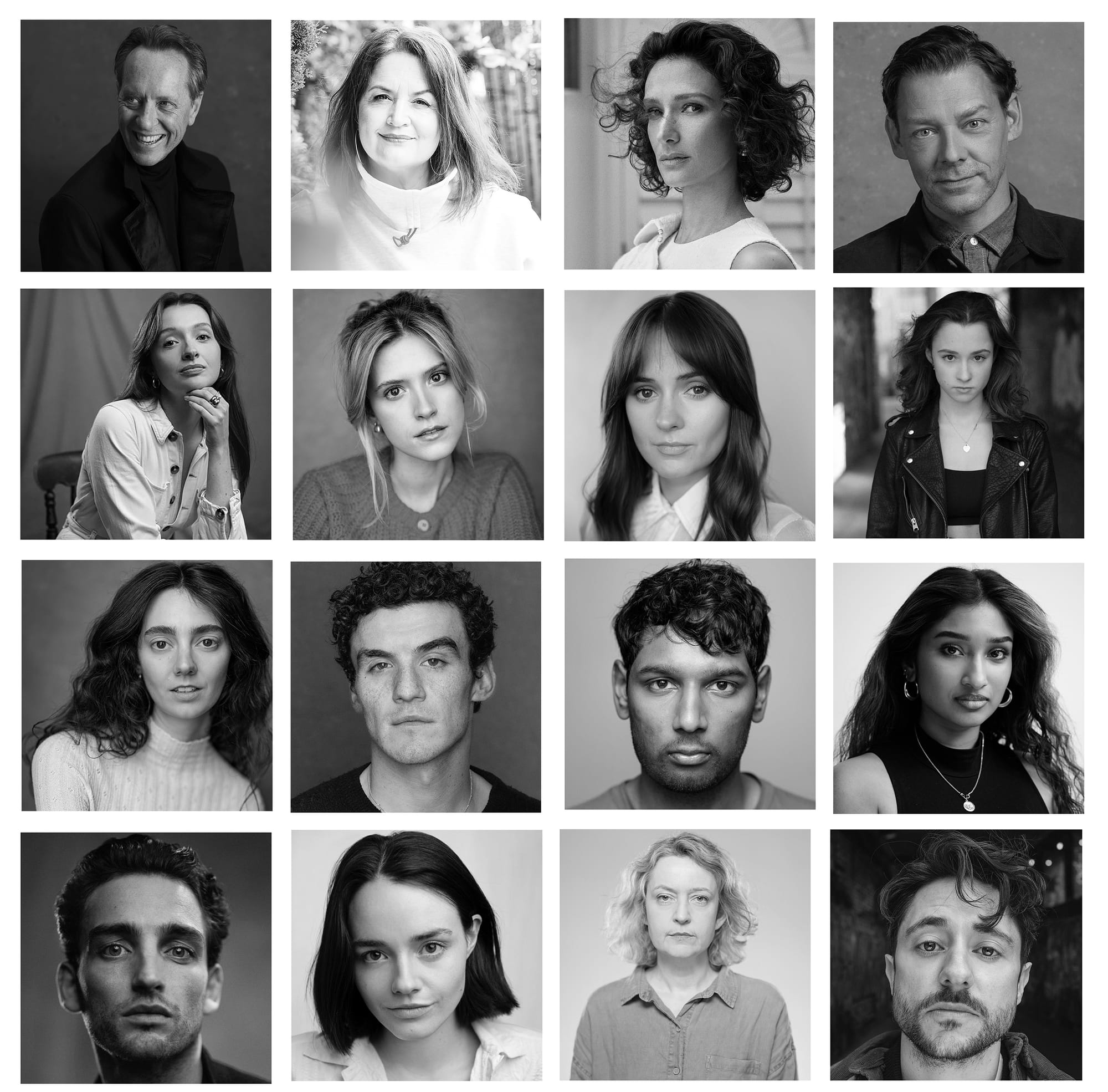 L-R Top: Richard E. Grant, Ruth Jones, Indira Varma, Richard Coyle/2nd Row: Poppy Gilbert, Maddie Close, Molly Wright, Grace Hogg-Robinson/3rd Row: Tanya Reynolds, Dónal Finn, Aaron Gill, Varada Seethu/Bottom: Laurie Davidson, Anna Fenton-Garvey, Lucy Briers, Ryan Sampson