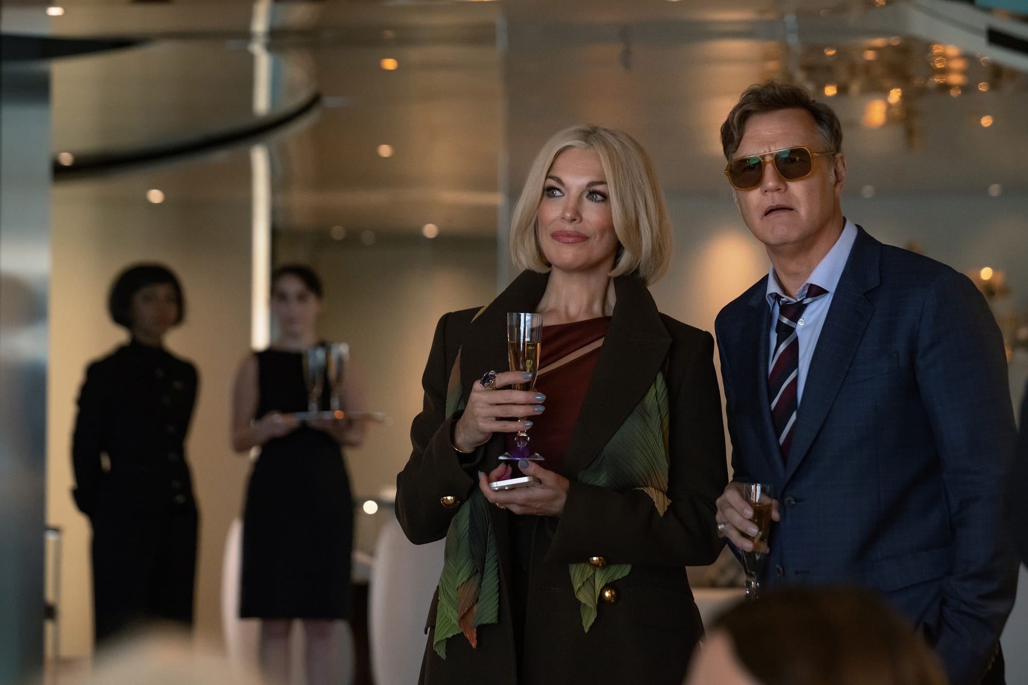 Hannah Waddingham as Heidi and David Morrissey as Thomas in 'The Woman in Cabin 10'