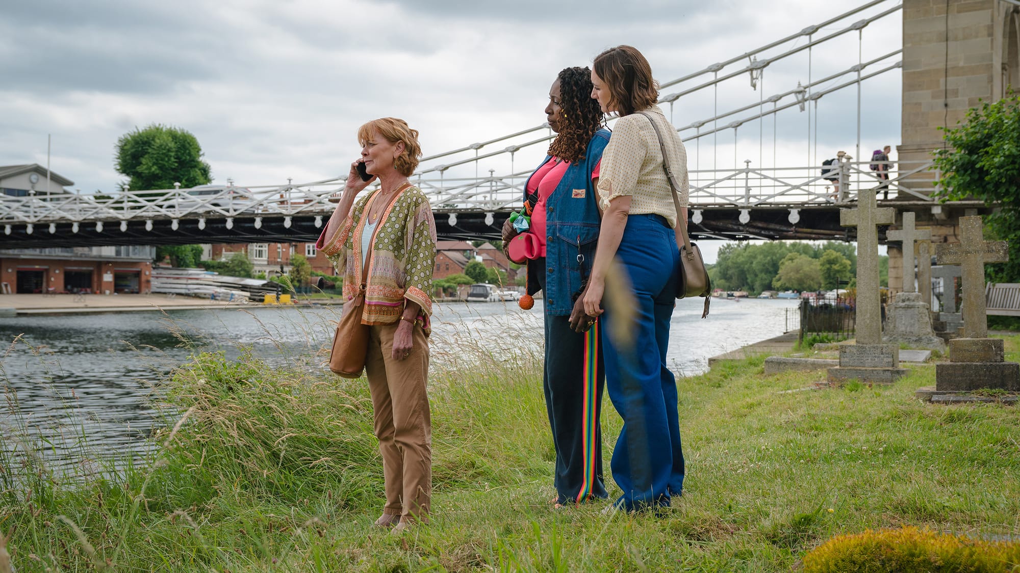 Jo Martin as Suzie Harris, Samantha Bond as Judith Potts, and Cara Horgan as Becks Starling in 'The Marlow Murder Club' Season 2