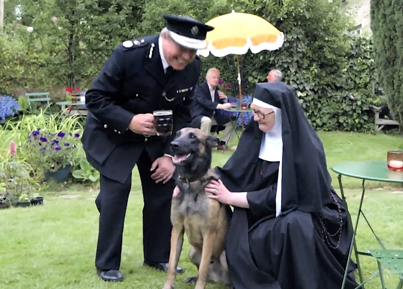 Chief Constable Hector Lowsley (Robert Daws), his dog Rex, and Sister Boniface (Lorna Watson).
