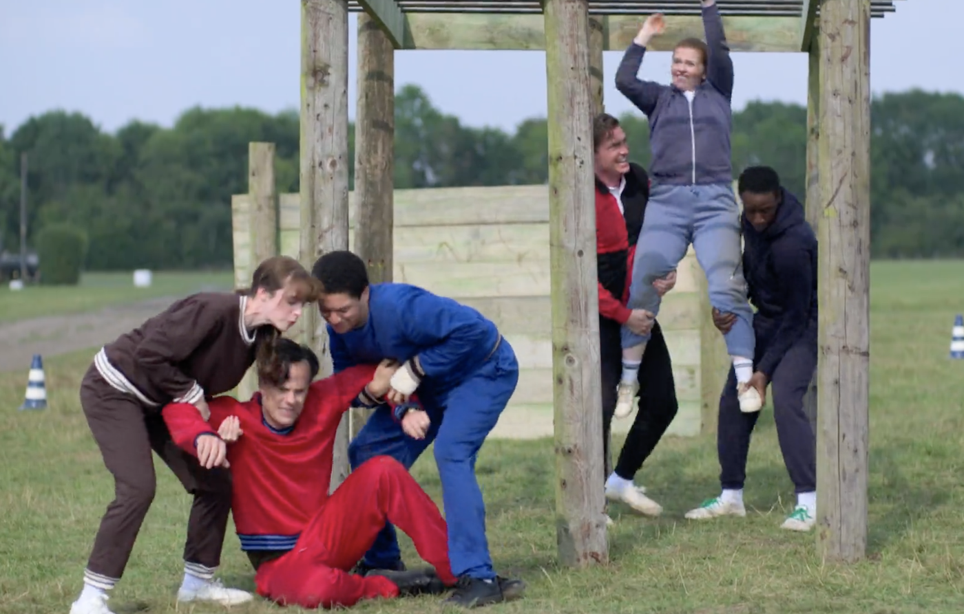 The obstacle course. Left to right, Jack Stagg (Jay Taylor), and Heather Thorne (Tamla Kari) help Rupert Beagle (Tyler-Jo Richardson), and Constable Peggy Button (Ami Metcalf) is hoisted aloft by DI Sam Gillespie (Max Brown) and DS Felix Livingstone (Jerry Iwu).