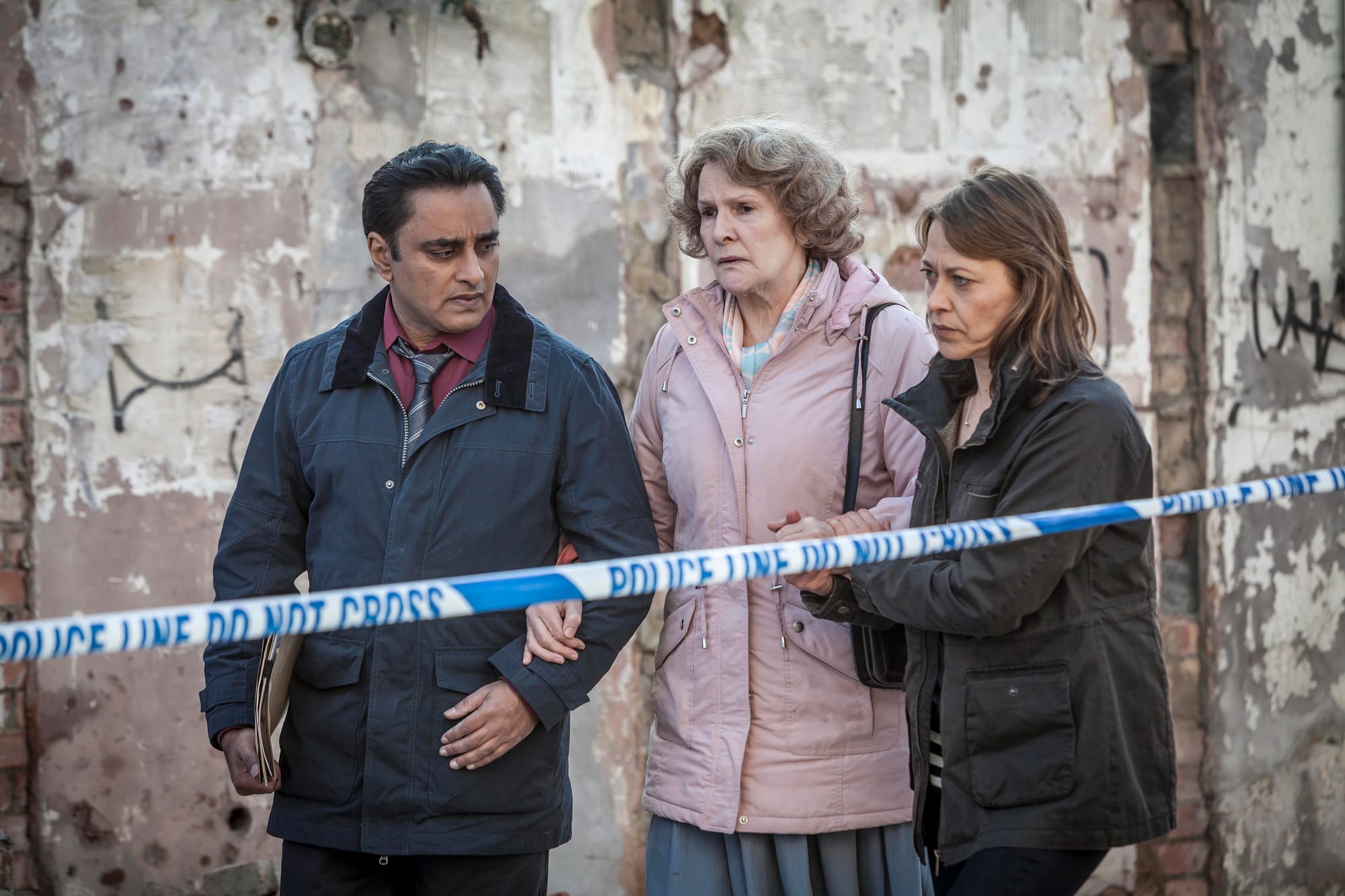 Sanjeev Bhaskar as DS Sunny Khan, Frances Tomelty as Maureen Sullivan, and Nicola Walker as DCI Cassie Stuart in 'Unforgotten' Season 1 