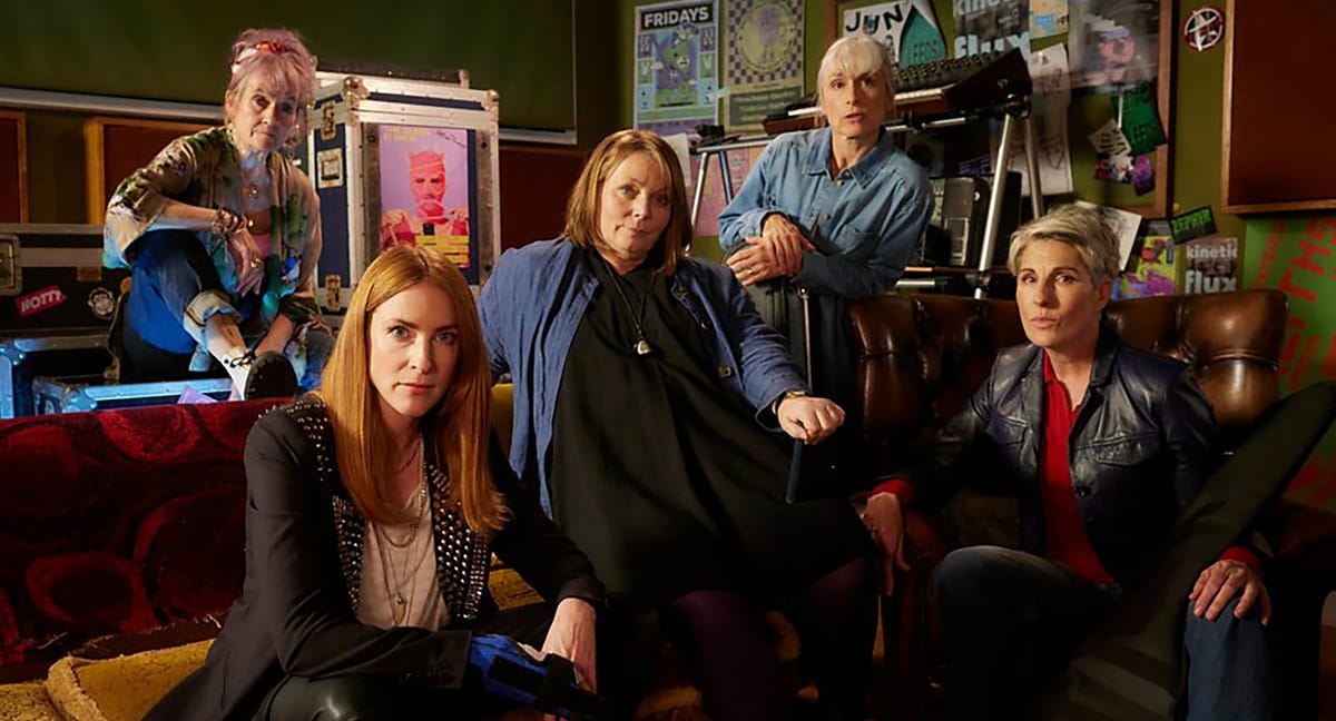 Joanna Scanlan as Beth Thornton, Lorraine Ashbourne as Jess Burchill, Rosalie Craig as Kitty Eckersley, Tamsin Greig as Holly Gaskell, and Amelia Bullmore as Yvonne Vaux in 'Riot Women'