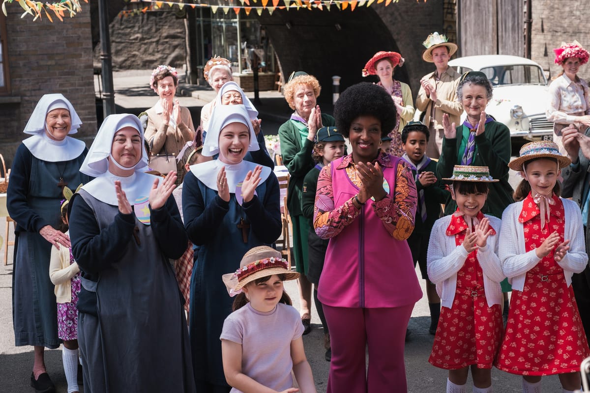 Judy Parfitt, Rebecca Gethings, Molly Vevers, Jenny Agutter, Linda Bassett, Renee Bailey, Georgie Glen, April Rae Hoang, and Alice Brown in 'Call the Midwife' Season 15 
