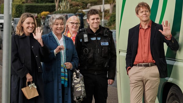 Sally Bretton, Barbara Flynn, Felicity Montagu, Dylan Llewellyn, and Kris Marshall in 'Beyond Paradise' Season 4