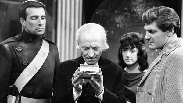 Nicholas Courtney as Bret Vyon, William Hartnell as The Doctor, Adrienne Hill as Katriana, and Peter Purves as Steven in 'Doctor Who'
