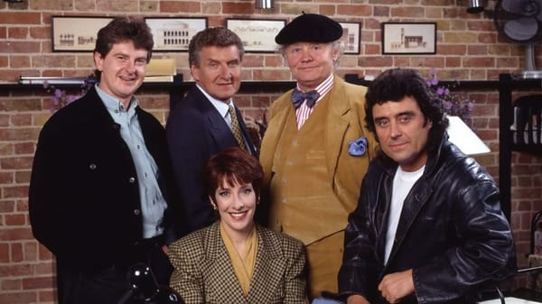 Chris Jury, Malcolm Tierney, Phyllis Logan, Dudley Sutton, and Ian McShane in 'Lovejoy' 